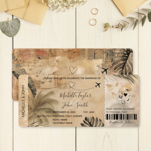 Vintage Destination Wedding Boarding Pass Plane Invitation