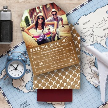 Vintage Destination Wedding Luggage Tag Photo Save The Date by fatfatin_blue_knot at Zazzle