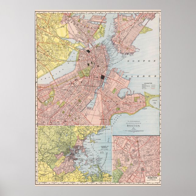 Vintage Detailed City Map of Boston 1912 Poster (Front)