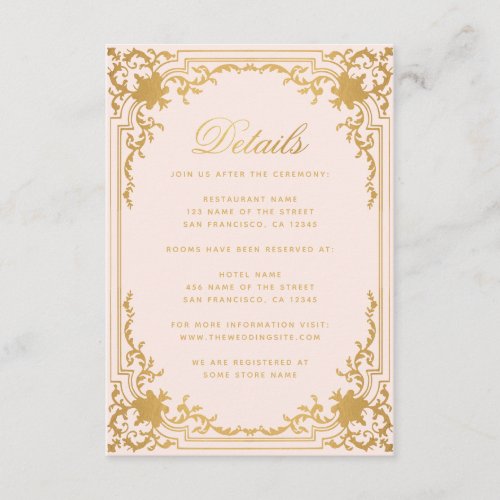 Vintage Details Pink Faux Gold Elegant Wedding Enclosure Card