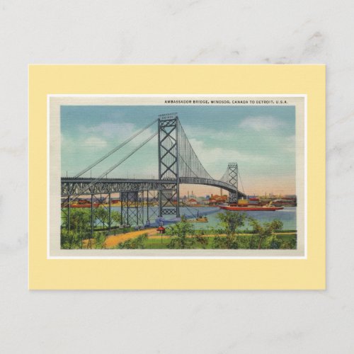 Vintage Detroit Ambassador bridge Windsor Canada Postcard