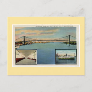 Vintage Detroit bridge to Windsor Canada Postcard