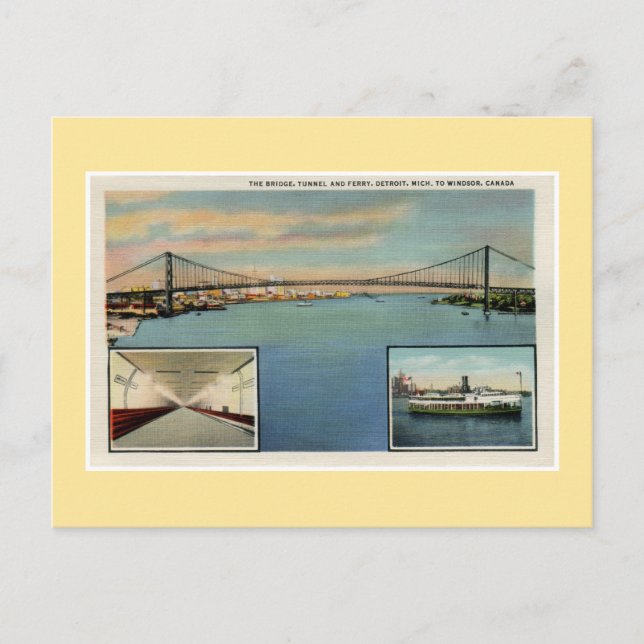Vintage Detroit bridge to Windsor Canada Postcard (Front)