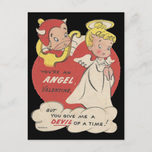 Vintage Devil And Angel Valentine Holiday Postcard