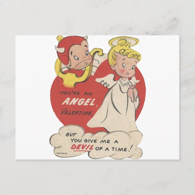 Vintage Devil And Angel Valentine Holiday Postcard (Front)