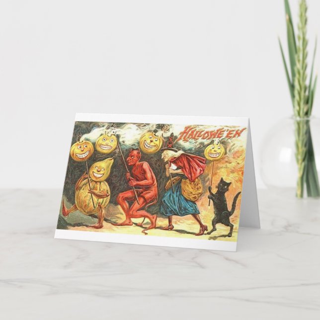 Vintage Devil And Witch Halloween Parade Card (Front)