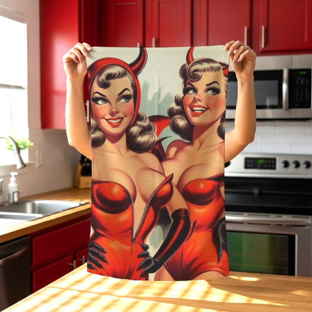 Vintage Devil Girls Illustration Kitchen Towel (Creator Uploaded)