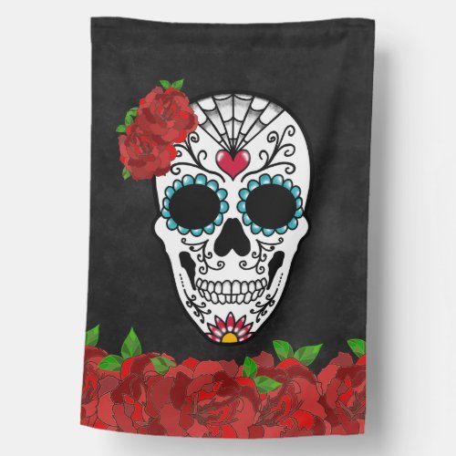 Vintage Dia De Los Muertos Red Roses Sugar Skull House Flag