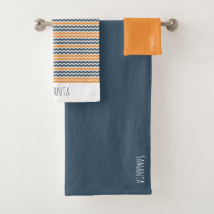 Vintage diagonal geometric orange grey name bath towel set
