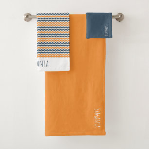 Vintage diagonal geometric orange grey name bath towel set