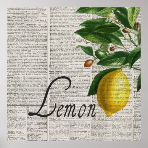 Vintage Dictionary and Hand_Drawn Lemon Tree Poster