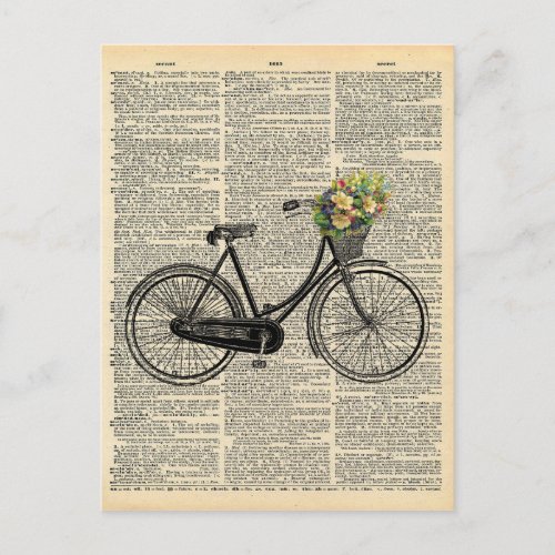 Vintage Dictionary Art Bicycle with Flowers Postcard