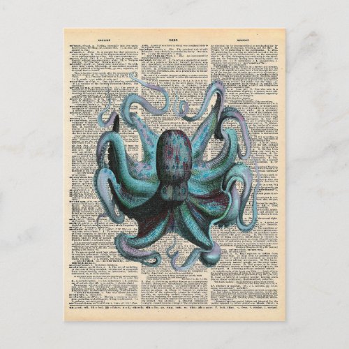 Vintage Dictionary Art Blue Ocean Octopus Postcard