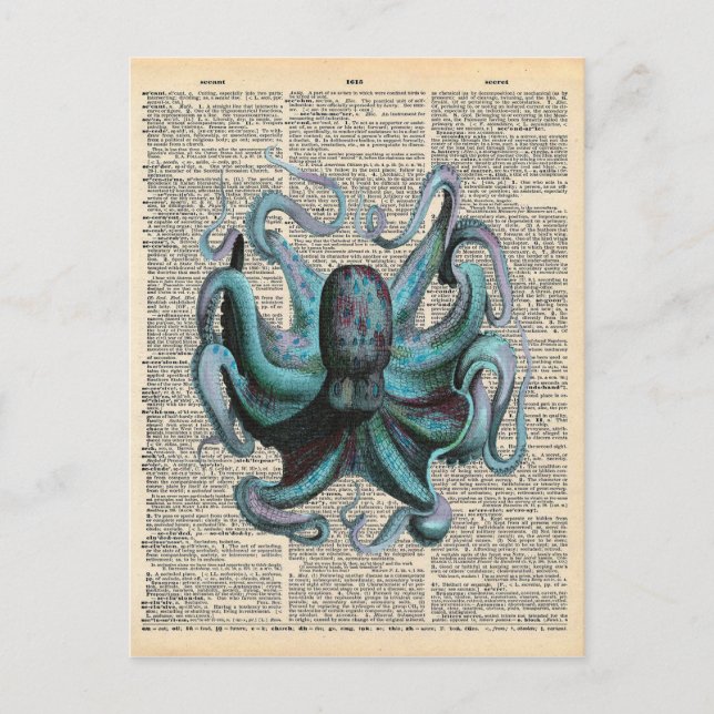 Vintage Dictionary Art Blue Ocean Octopus Postcard (Front)