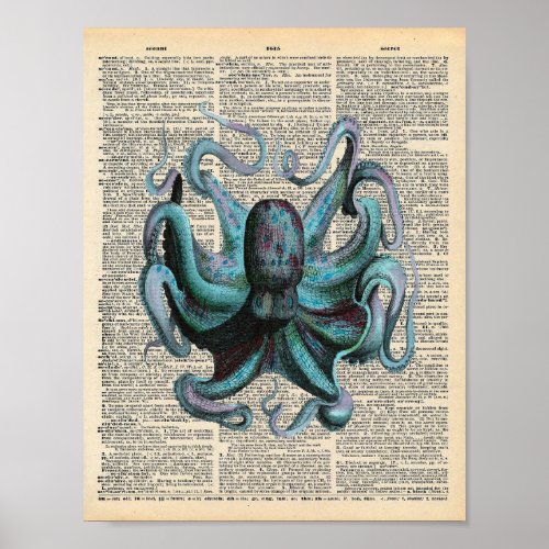 Vintage Dictionary Art Blue Ocean Octopus Poster