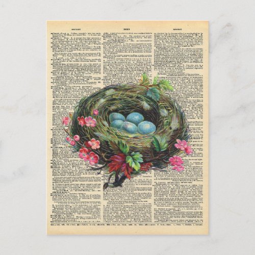 Vintage Dictionary Art Blue Robins Eggs in Nest Postcard