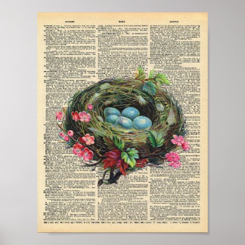 Vintage Dictionary Art Blue Robins Eggs in Nest Poster