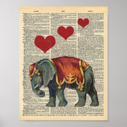 Vintage Dictionary Art Circus Elephant Love Poster