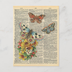Vintage Dictionary Art Colorful Butterflies Postcard