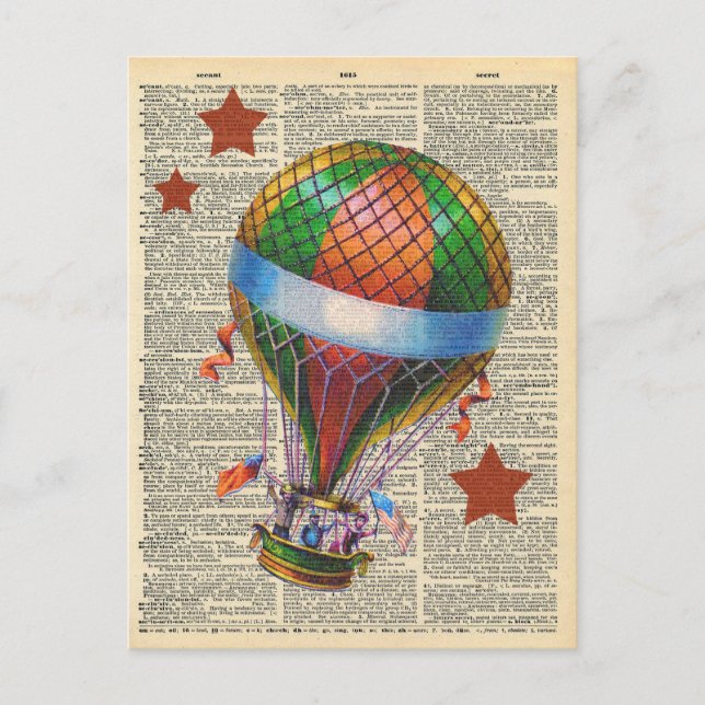 Vintage Dictionary Art Hot Air Balloon Circus Postcard (Front)