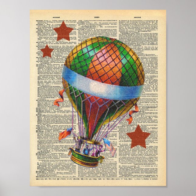 Vintage Dictionary Art Hot Air Balloon Circus Poster (Front)