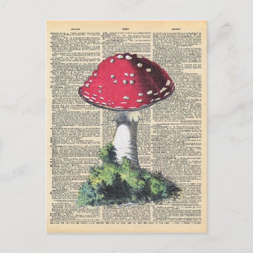 Vintage Dictionary Art Red Mushroom Fairy House Postcard
