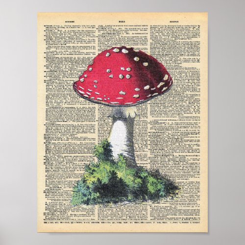 Vintage Dictionary Art Red Mushroom Fairy House Poster