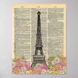 Vintage Dictionary Art Romantic Paris Eiffel Tower Poster
