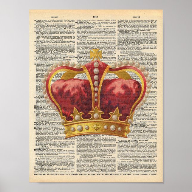 Vintage Dictionary Art Royal Red Gold Crown Poster (Front)