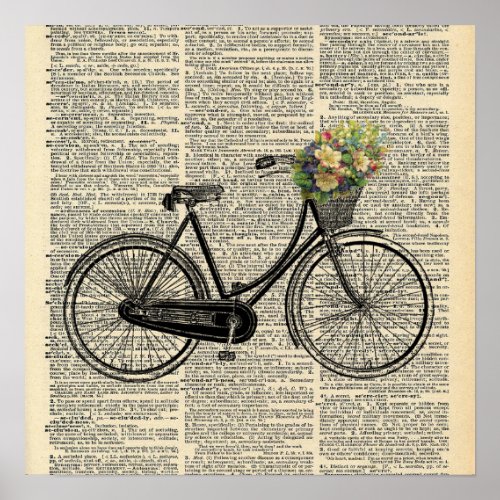 Vintage Dictionary BicycleBasket of Flower Poster