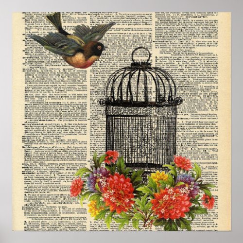 Vintage Dictionary Bird Cage Poster