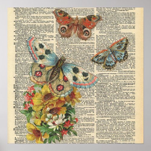 Vintage Dictionary Butterfly Floral Poster