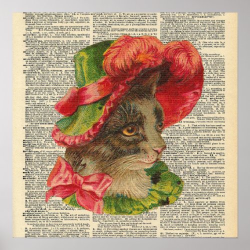 Vintage Dictionary Cat In A Fancy Hat Poster