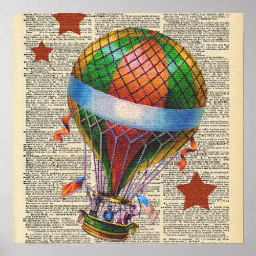 Vintage Dictionary Hot Air Balloon Poster