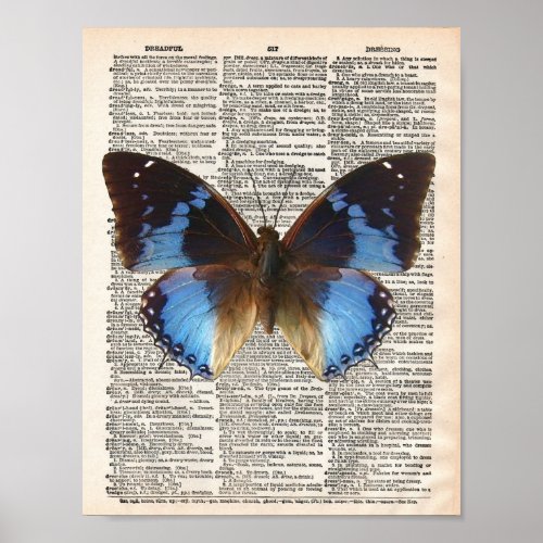 Vintage dictionary page and blue butterfly poster