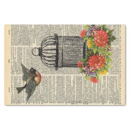 Vintage Dictionary Page Bird Cage Decoupage