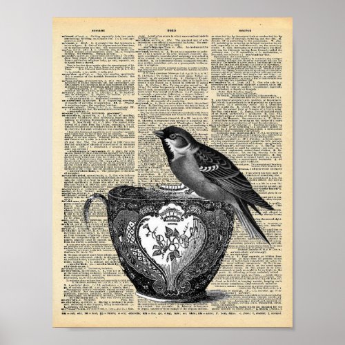 Vintage Dictionary page with Bird and Teacup Poster