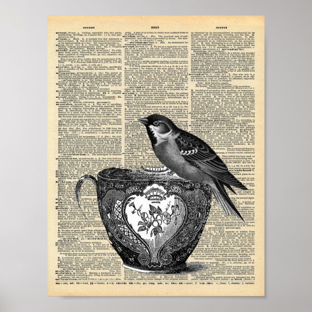Vintage Dictionary page with Bird and Teacup Poster (Front)