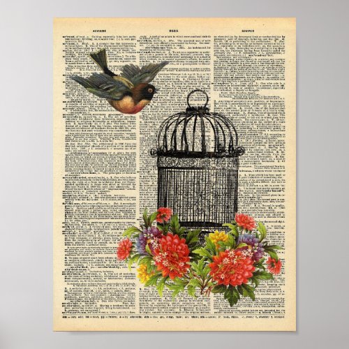 Vintage Dictionary Wall Art Bird and Cage