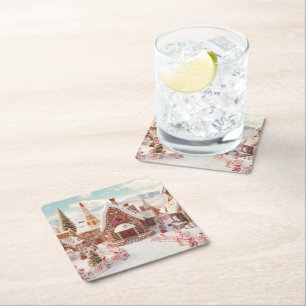 Vintage digital gingerbread village  square paper coaster