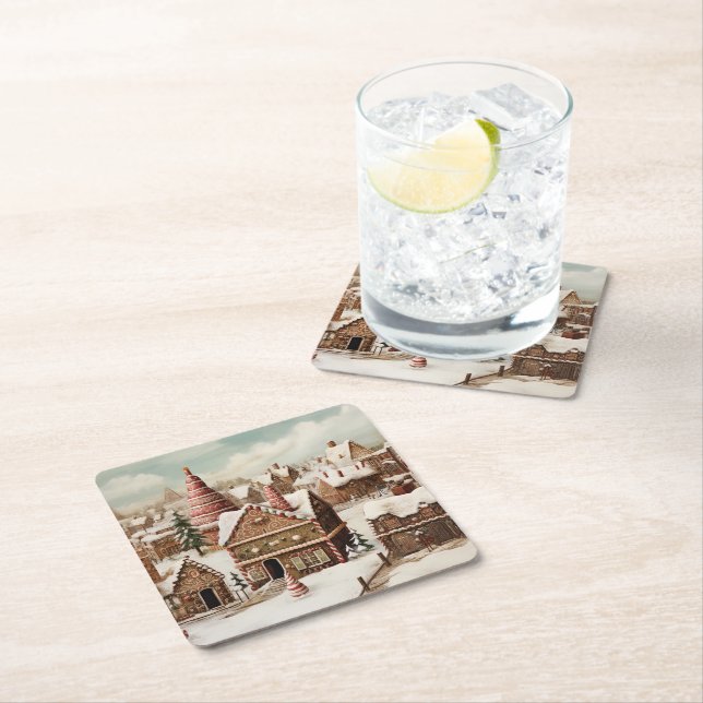 Vintage digital gingerbread village  square paper coaster (Insitu)