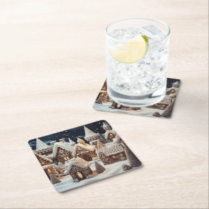 Vintage digital gingerbread village  square paper coaster