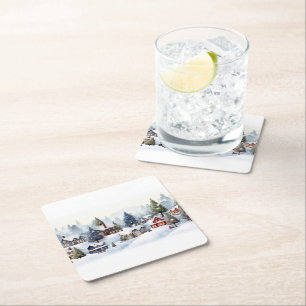 Vintage digital village on a Christmas day. Square Paper Coaster