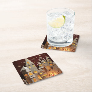 Vintage digital village on a Christmas night. Square Paper Coaster