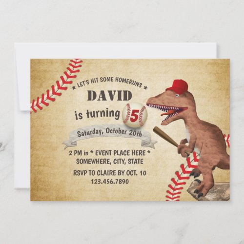Vintage Dinosaur Baseball 5th Birthday Party Invitation