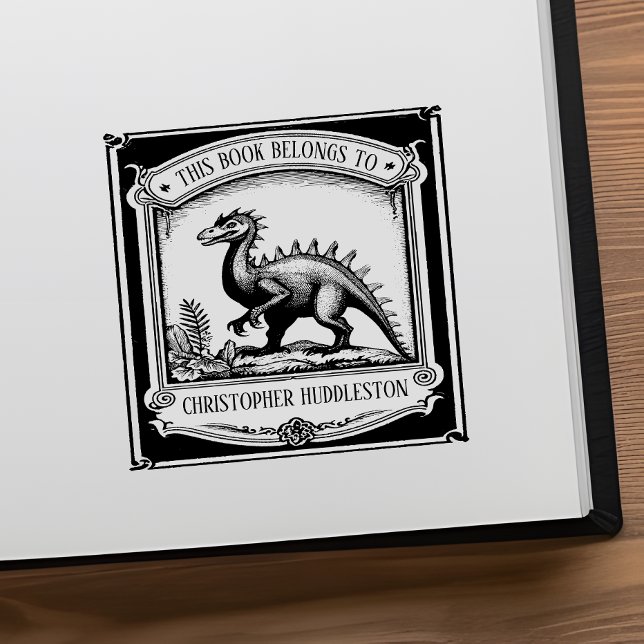 Vintage Dinosaur Custom Name Bookplate Rubber Stamp (Creator Uploaded)