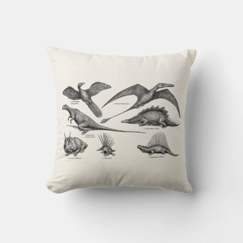 Vintage Dinosaur Illustration Retro Dinosaurs Throw Pillow