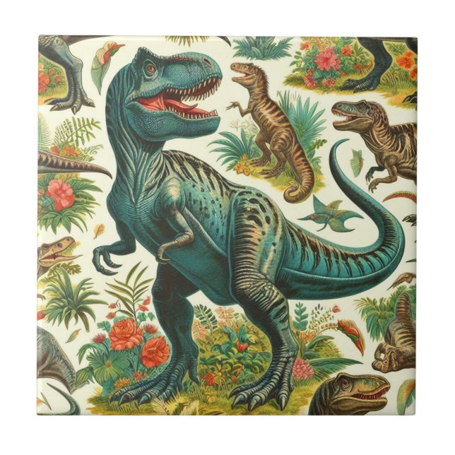 Vintage Dinosaur Painting Ceramic Tile (Front)