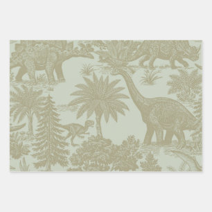 Vintage Dinosaur Toile Pattern Prehistoric Jungle Wrapping Paper Sheets