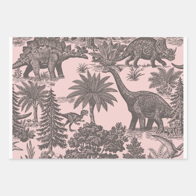 Vintage Dinosaur Toile Pattern Wrapping Paper Sheets (Front)
